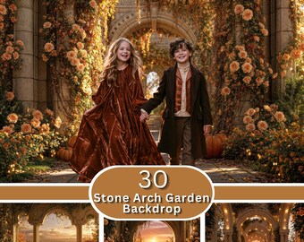 Stone Arch Garden Wedding Digital Backdrop | Autumn Rose Colonnade Sunset | Bridal Senior Photo Session | Download JPG Set