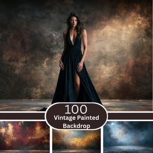 May include: A woman in a black dress stands in front of a vintage painted backdrop. The dress has a plunging neckline and a high slit. The backdrop is a mix of brown, gold, and gray tones. The image includes the text "100 Vintage Painted Backdrop".