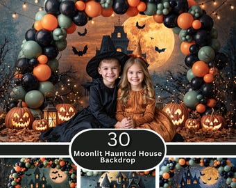 Moonlit Haunted House Kids Digital Backdrop | Balloon Garland Halloween Party | Toddler Photo Mini Session | Download JPG Set