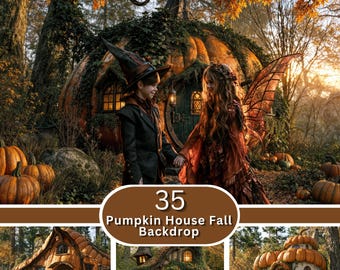 Può includere: Una collezione di 35 sfondi digitali autunnali con case a forma di zucca in ambienti boschivi. L'immagine principale mostra due bambini in abiti fantasy davanti a una grande abitazione a forma di zucca con finestre illuminate.