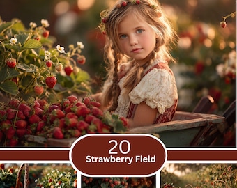 Strawberry Field Digital Backdrop | Golden Hour Farm Harvest Scene | Photography Compositing Background | JPG Download