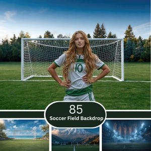 Pode incluir: Uma mulher em uniforme de futebol branco e verde está em pé em um campo verde em frente a uma baliza de futebol. O uniforme tem o número 10 na frente. A imagem inclui o texto "85 Soccer Field Backdrop".