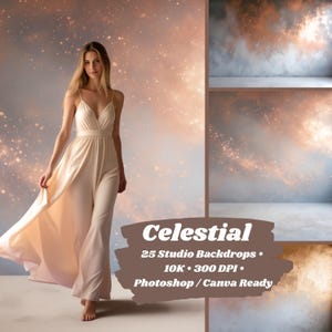 Op de afbeelding: Een vrouw in een vloeiende, crèmekleurige jurk loopt voor een hemelse achtergrond. De achtergrond heeft een galaxy-ontwerp met zachte, warme kleuren. De afbeelding bevat de tekst "Celestial", "25 Studio Backdrops" en "Photoshop / Canva Ready."