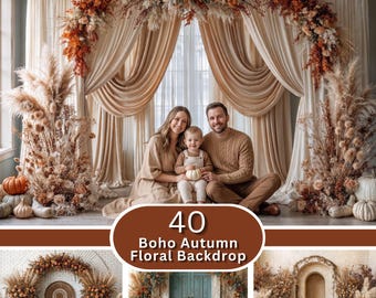 Boho Autumn Floral Backdrop | Fall Pampas Background | Kids Family Photography | Digital JPG Collection