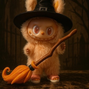 May include: A whimsical Halloween figurine of a furry creature wearing a black witch hat and holding a broom. The figure has a smiling face with red eyes and is dressed in a peach-colored outfit. The broom is orange and brown.