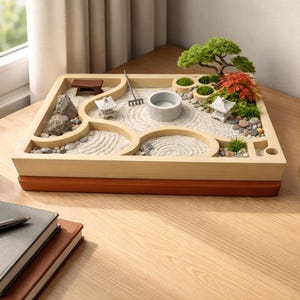 以下が含まれることがあります： 砂を基盤とし、小さな木、岩、ミニチュア構造物があるミニチュア禅庭園。庭園は茶色のベースが付いた木製トレイに置かれています。コーヒーカップ、鉢植えの植物、ノートも木製の表面にあります。