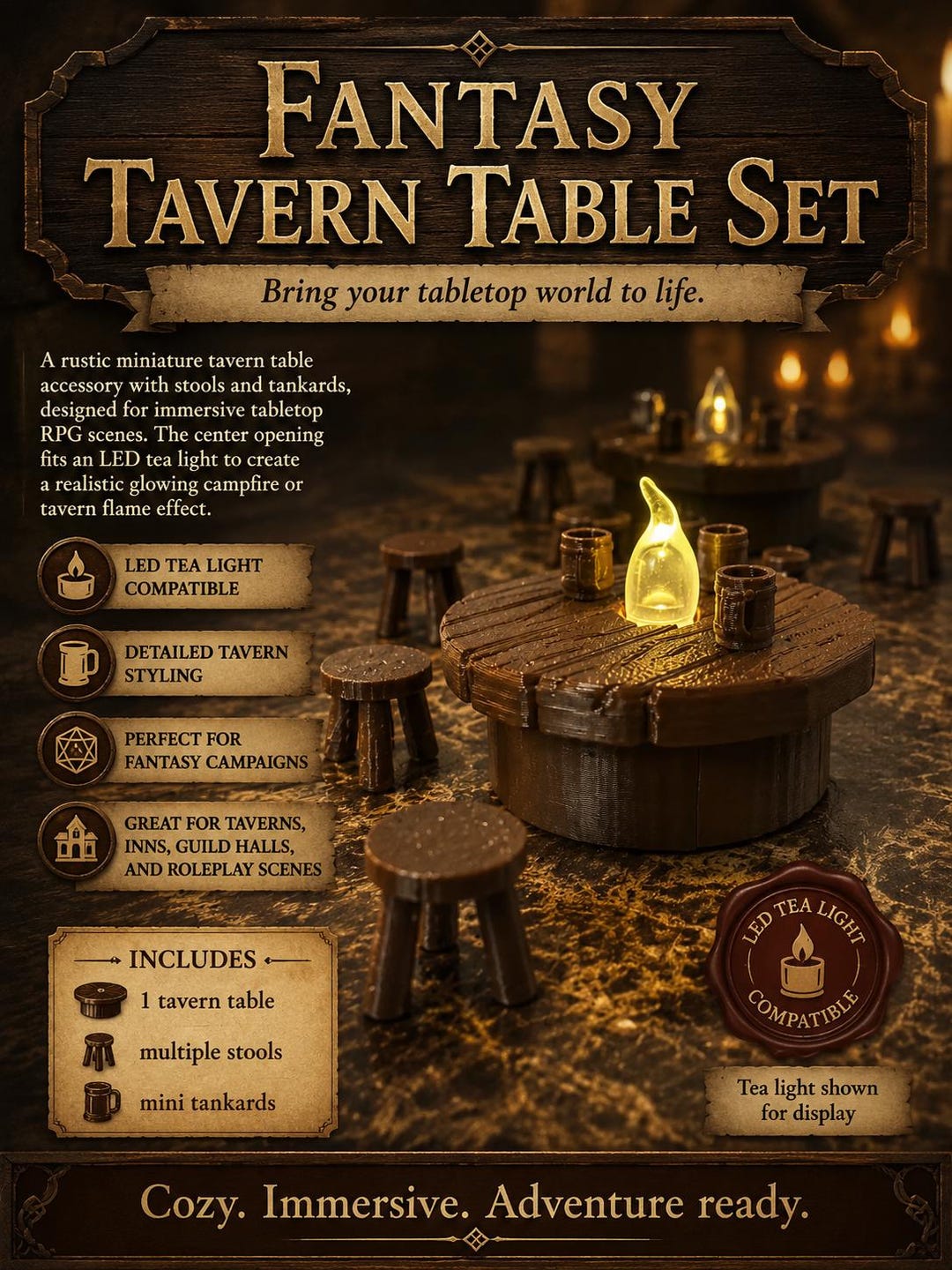 Fantasy Stool Fantasy Tavern Table Set – Miniature Stools, Tankards, LED Tea Light ...