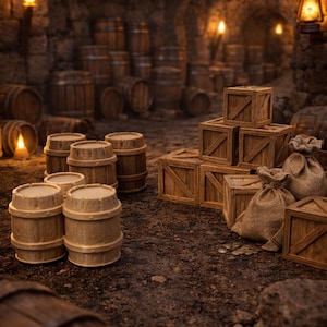 May include: A detailed image of a beer cavern with the text "DUNGEONS & DRAGONS BEER CAVERN". The scene is filled with wooden barrels, crates, and sacks, creating a fantasy setting. The lighting is warm, suggesting a cosy atmosphere, ideal for a game night.