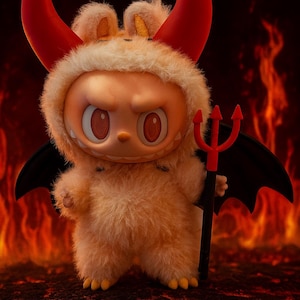 May include: A plush, devil-themed figurine with a furry orange body, red horns, and black bat wings. It holds a red trident and wears a hooded outfit. The background features a fiery, hellish scene.