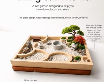 Large Two-Tray Zen Garden Planter | Modular Tabletop Rocks with Accessories