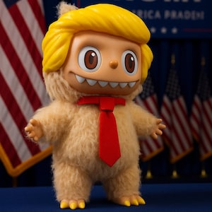Puede incluir: Una figura caprichosa de un monstruo peludo con cabello amarillo y una corbata roja. La figura tiene ojos marrones grandes y una sonrisa dentuda. El fondo incluye banderas americanas y un letrero que dice "TRUMP".