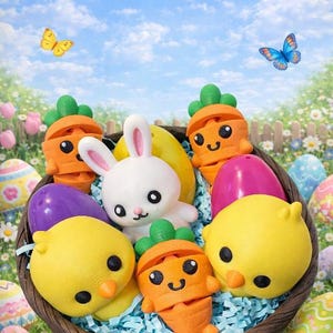 May include: A wicker basket filled with Easter-themed toys, including a white bunny, yellow chicks, orange carrots, and colorful eggs. The basket sits on grass with a blue sky background and butterflies.