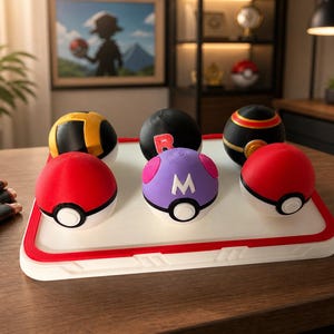 May include: A collection of six spherical toy balls arranged on a white rectangular tray with a red border. The balls feature various designs including red and white, black and yellow, black with a red R, and purple with a white M letter.