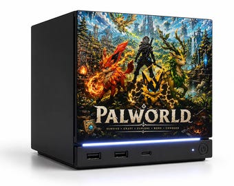 May include: A black compact computer tower featuring a Palworld graphic on the front panel. The design displays various creatures, a character, and the text Palworld Survive Craft Explore Bond Conquer. A thin blue light strip sits above the ports.