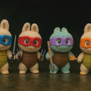 Puede incluir: Cuatro figuras de peluche que se asemejan a las Tortugas Ninja, pero con orejas de conejo. Cada figura lleva una máscara de diferente color y lleva un arma o una porción de pizza. Las figuras están en un entorno oscuro y texturizado.