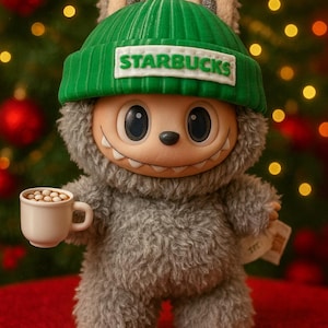 Puede incluir: Figura de peluche de una criatura con un gorro verde de Starbucks y sosteniendo una peque&ntilde;a taza blanca de caf&eacute;. La figura tiene pelaje gris, ojos grandes y una boca sonriente. El fondo presenta un &aacute;rbol de Navidad con adornos rojos y luces bokeh.