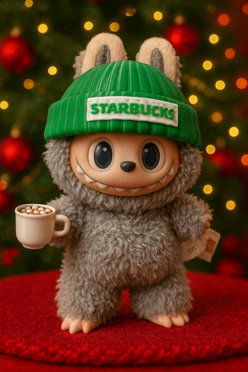 Puede incluir: Figura de peluche de una criatura con un gorro verde de Starbucks y sosteniendo una peque&ntilde;a taza blanca de caf&eacute;. La figura tiene pelaje gris, ojos grandes y una boca sonriente. El fondo presenta un &aacute;rbol de Navidad con adornos rojos y luces bokeh.