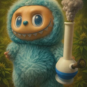 May include: A cartoon-style illustration of a blue furry creature holding a white and blue bong. The creature has a smiling face with large eyes and a toothy grin. Smoke rises from the bong, and cannabis plants are in the background.