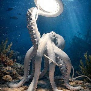 May include: A white octopus-shaped lamp with a round, illuminated light fixture. The lamp is set underwater, with a sandy seabed and a shipwreck in the background. The lamp's tentacles are spread out, and the light shines brightly.
