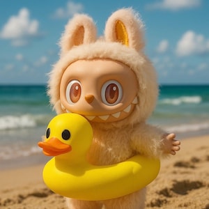 以下が含まれることがあります： ふわふわのベージュのウサギ耳フードをかぶった生き物の気まぐれな置物。明るい黄色の浮き輪を持っています。このフィギュアは大きく表現力豊かな目を持ち、歯を見せて笑っています。背景には砂浜と青い海が写っています。