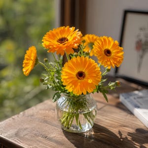 May include: A small glass vase filled with vibrant orange flowers with dark brown centers. The flowers are arranged with green stems and leaves. The vase sits on a wooden surface, with a blurred background of greenery and a framed picture.