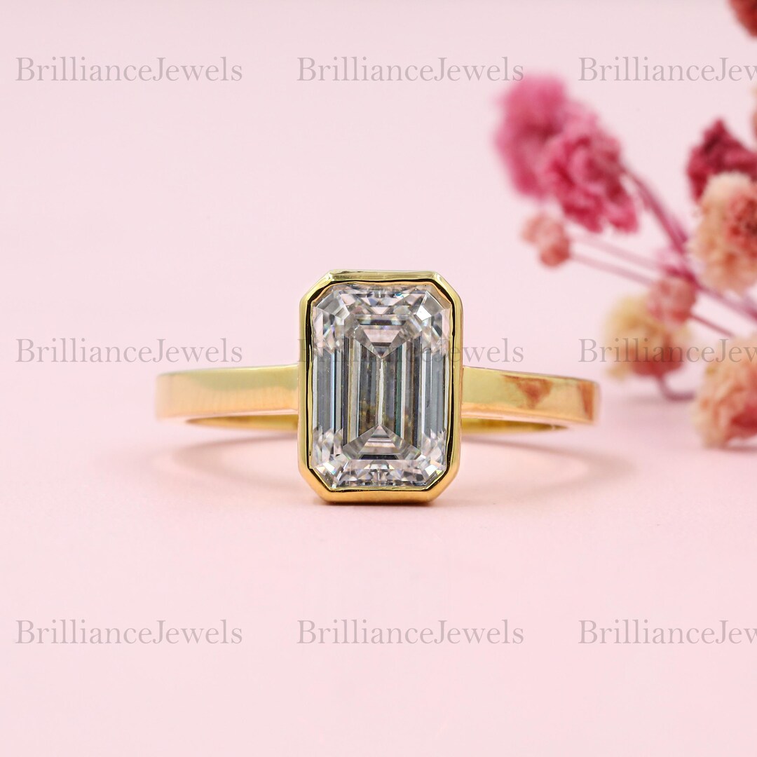2 Carat Emerald Cut Lab Grown Diamond Engagement Ring 14K Gold Bezel ...