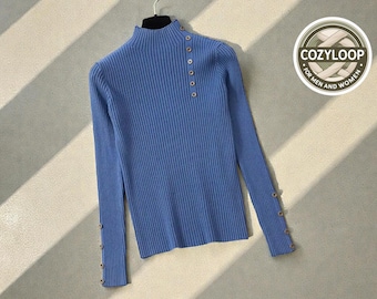 Pull en tricot côtelé pour femme | Pull à col cheminée | Boutons latéraux | Coupe à manches longues | Coupe ajustée extensible | Haut à superposition confortable