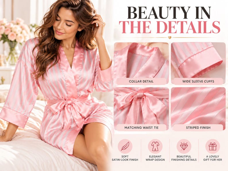 Women's Pink Striped Satin Robe, Short Long-sleeve Wrap Dressing Gown ...