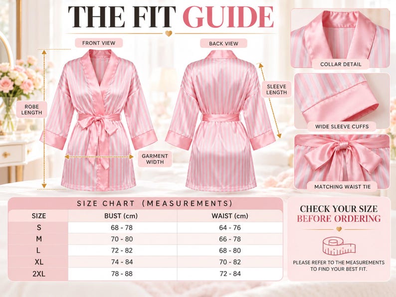 Etsy Satin Robe Women's Pink Striped Satin Robe, Short Long-sleeve Wrap Dressing Gown ...