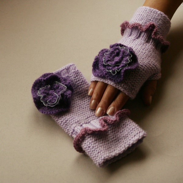 Hand knitted fingerless gloves  ,flower,  fashion lilac, winter