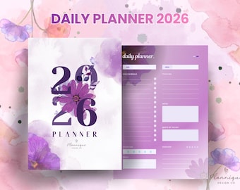 Fioletowy kwiatowy planer dzienny na rok 2026 | Szablon PDF do druku