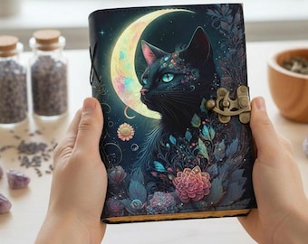 Diario de cuero Cat Moon: Grimorio de estilo vintage, Libro de las Sombras