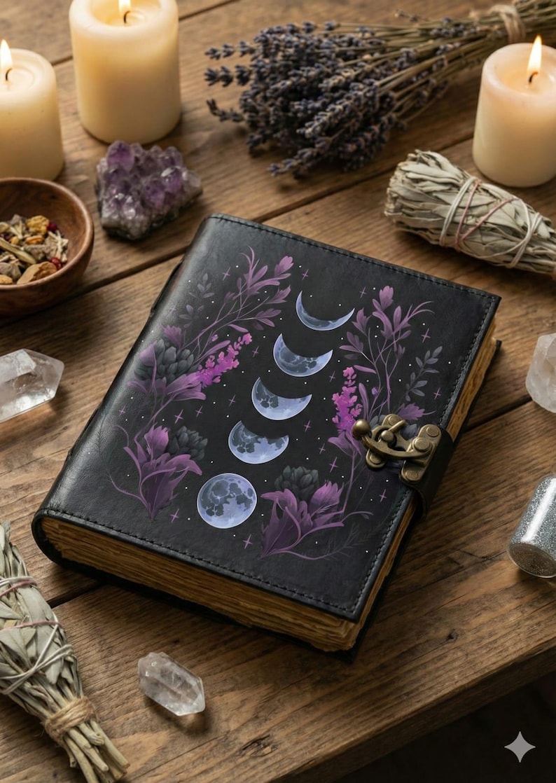 May include: Black leather journal featuring a moon phase design with purple floral accents. The journal has a metal clasp and aged paper edges. The image is set on a wooden surface with candles, crystals, and dried herbs.