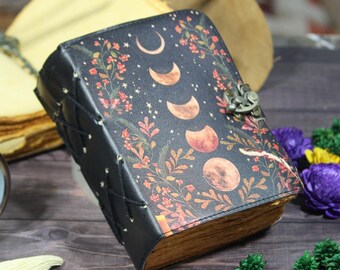 Mondphase Lederbuch - Vintage Büttenrand Papier Grimoire Notizbuch Skizzenbuch