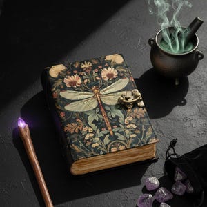 May include: A detailed journal with a dragonfly motif on the cover, secured with a clasp. The image includes a wand with a purple crystal, a cauldron emitting green smoke, and amethyst crystals. The journal's cover displays a floral pattern.