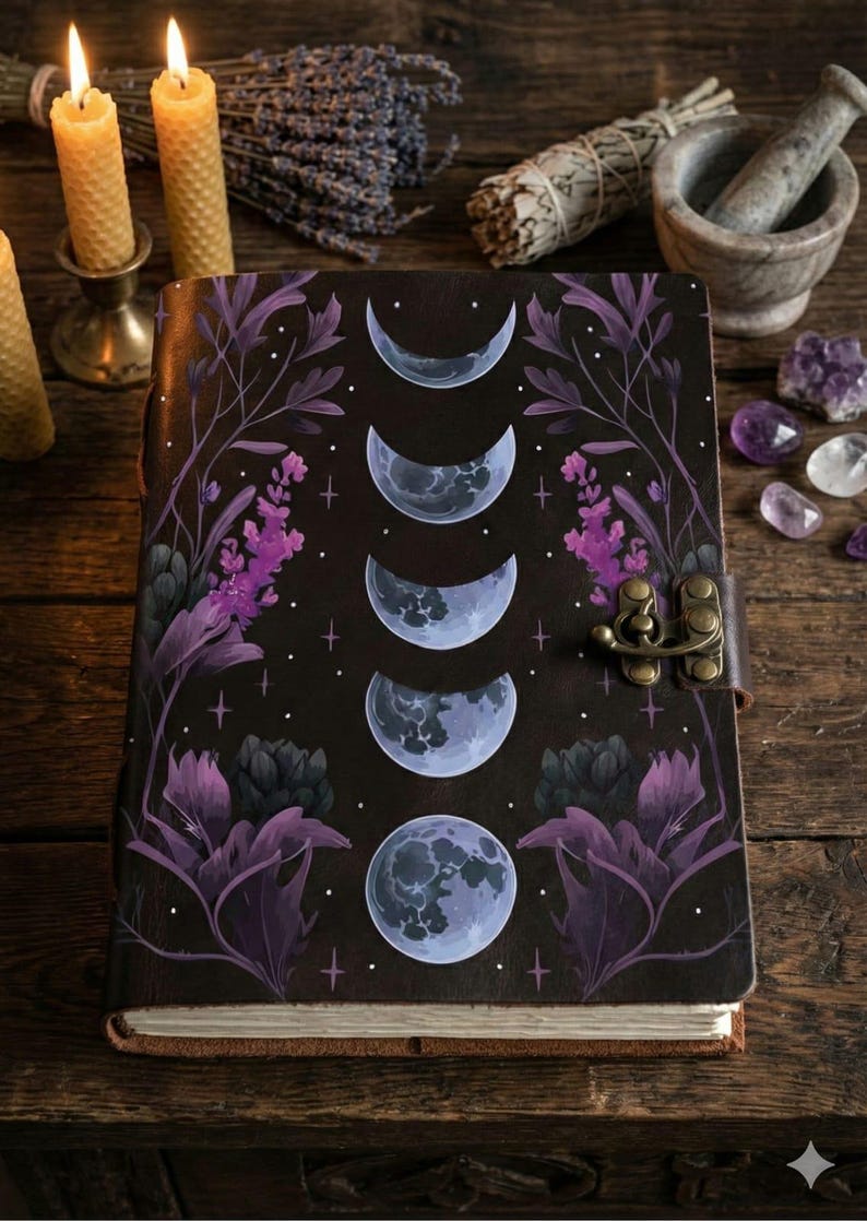 May include: A dark brown journal with a moon phase design, featuring a series of crescent moons transitioning to a full moon. The cover is adorned with purple floral accents and a metal clasp. Candles and crystals are in the background.