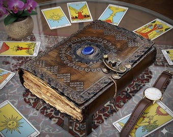 Leren lapis lazuli-dagboek: antieke papieren grimoire, handgemaakt