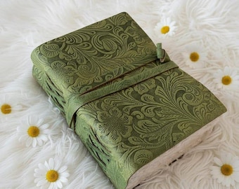 Embossed Flower Leather Journal: Handmade Deckle Edge Grimoire Meditation Gifts