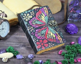 Butterfly Leather Book of Shadows: Handmade Floral Journal with Deckle Paper Leather Anniversary