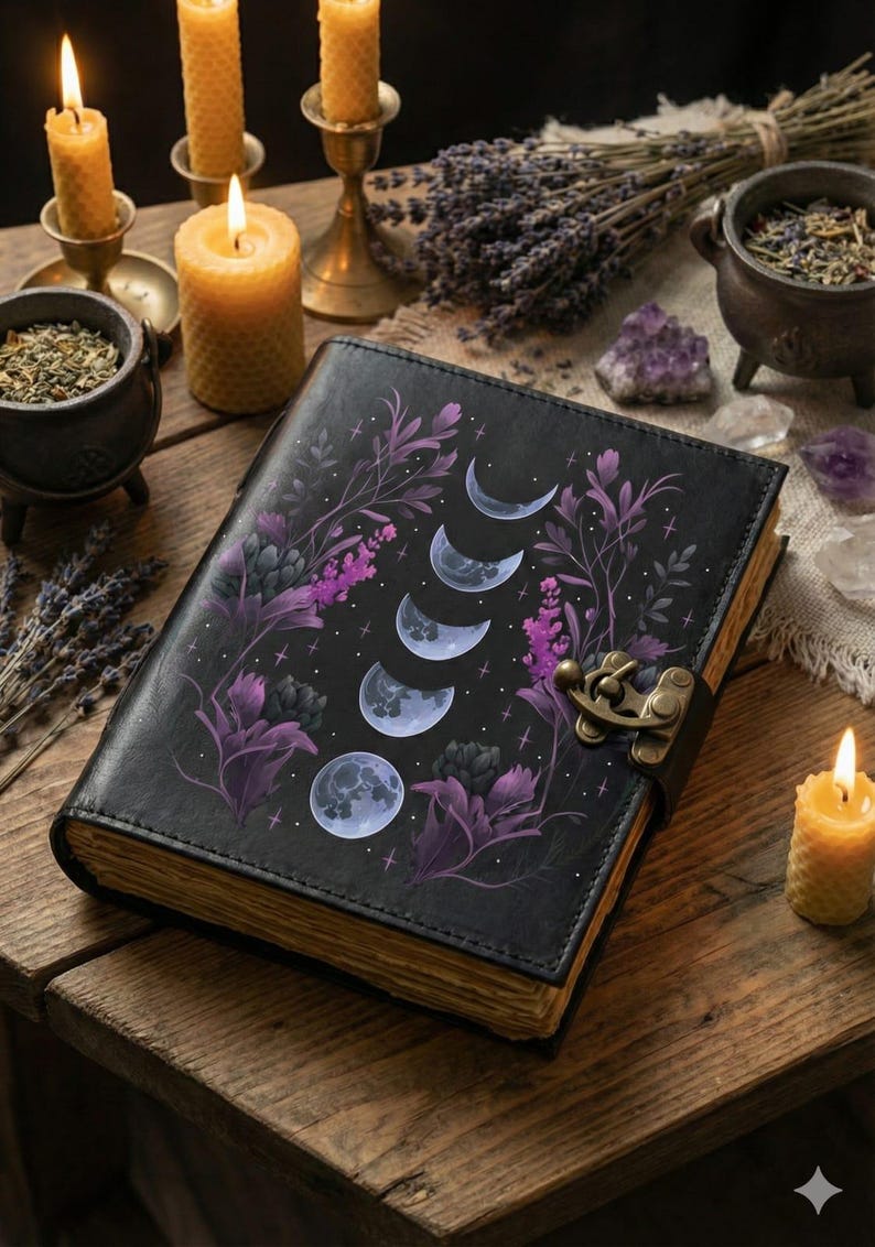 May include: A black leather-bound journal with a moon phase design in purple and white. The journal is closed with a metal clasp. The image includes lit candles, herbs, and crystals, creating a mystical aesthetic.
