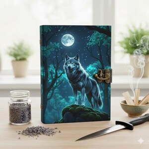 May include: A journal featuring a wolf illustration under a full moon. The cover depicts a grey wolf standing on a mossy rock in a moonlit forest. The journal has a brass clasp and a dark blue and green colour scheme.