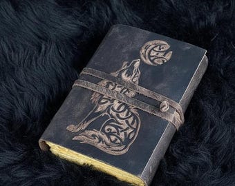 Embossed Celtic Wolf Leather Journal: Handmade Grimoire, Spell Book, Architect Notebook Writer Gifts