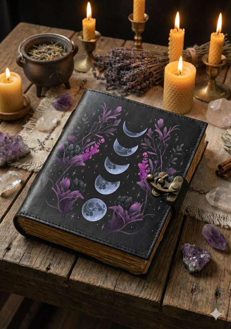 May include: Black leather journal with a moon phase design in purple and white. The journal is closed with a metal clasp. The background includes candles, crystals, and a cauldron, suggesting a mystical or witchy theme.