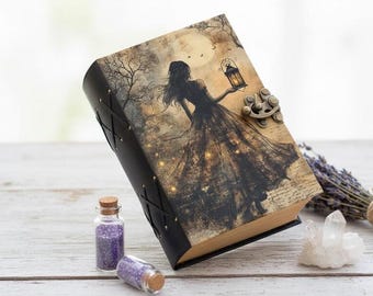 Handmade Fairy Leather Grimoire – Embossed Book of Shadows with Lock