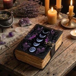 May include: A black leather-bound journal with a moon phase design, purple floral accents, and a metal clasp. The journal is open on a wooden table, surrounded by candles, crystals, and dried lavender, creating a mystical aesthetic.