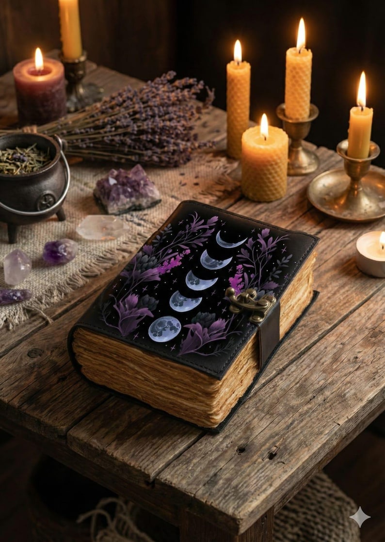 May include: A black leather-bound journal with a moon phase design, purple floral accents, and a metal clasp. The journal is open on a wooden table, surrounded by candles, crystals, and dried lavender, creating a mystical aesthetic.