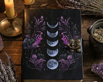 Moon Phase Leather Grimoire: Vintage Book of Shadows, Deckle Edge Paper
