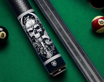 Taco de billar con calavera gótica, obra de arte gótica oscura, regalo para jugador de billar, regalo para él, regalo de arte gótico