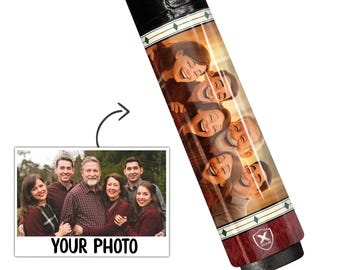 Taco de billar de fibra de carbono con foto personalizada, herencia familiar, ilustración personalizada y envoltura de cuero. Elite Stick