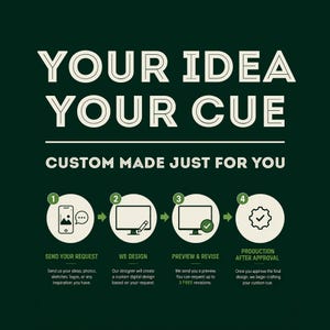 May include: A dark green graphic featuring the text YOUR IDEA YOUR CUE and CUSTOM MADE JUST FOR YOU. Below, a four-step process is shown with icons: 1. Send your request, 2. We design, 3. Preview and revise, and 4. Production after approval.